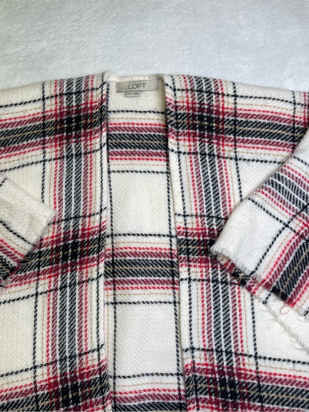 LOFT Women's XS/S Plaid Open Front Fringe Hem Poncho Wrap Shawl Red Black